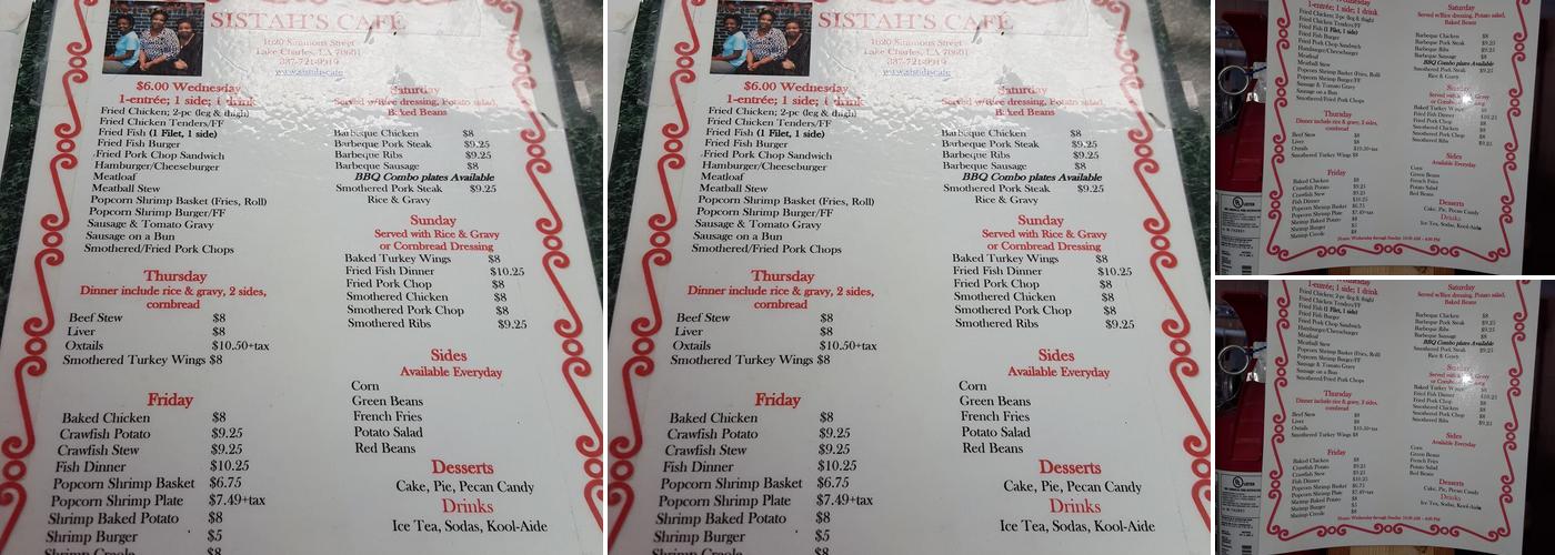 Sistah's Cafe Menu
