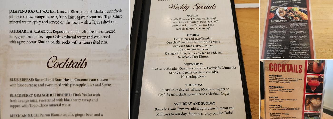 Primas Mexican Kitchen Menu