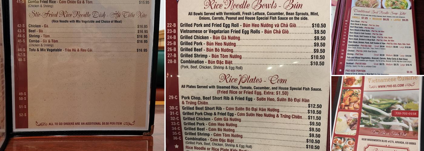 Phở 65 Menu