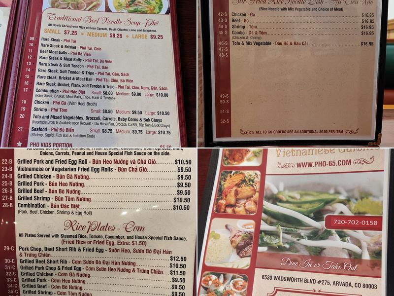 Phở 65 Menu