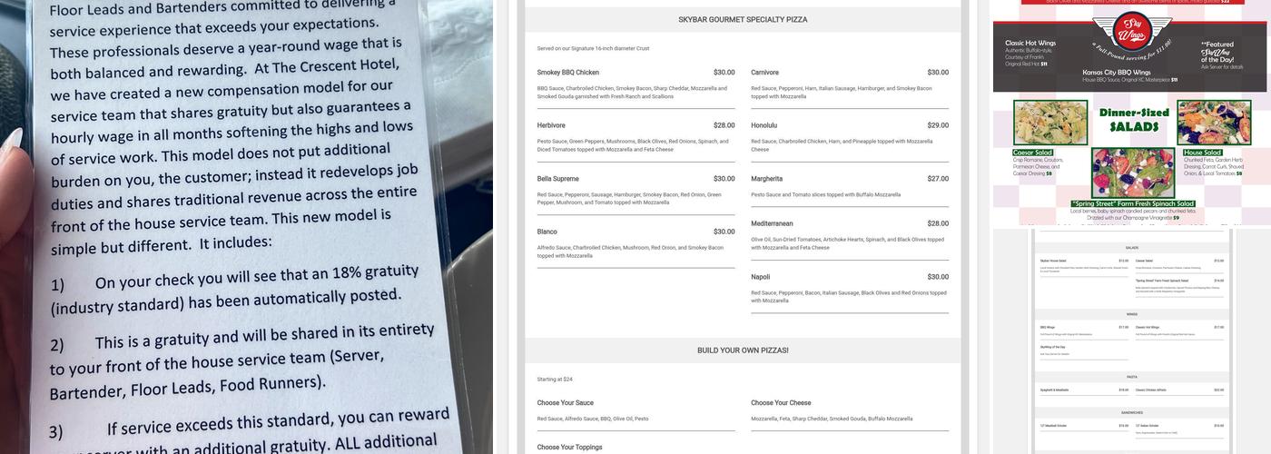 Skybar Gourmet Pizza Menu