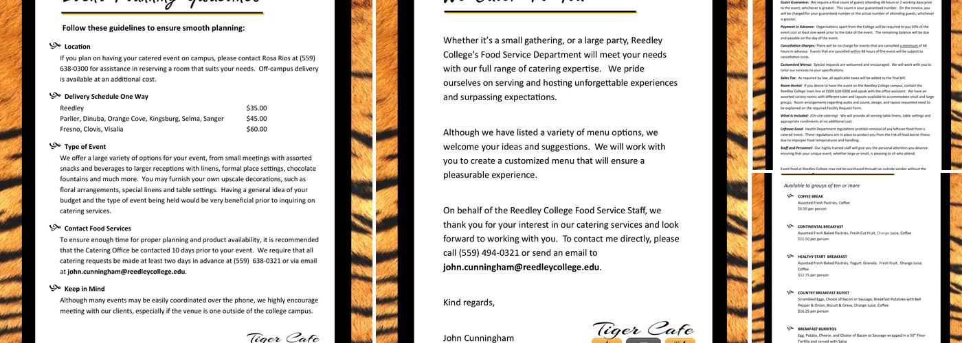 Reedley College Cafeteria, Reedley, CA Menu