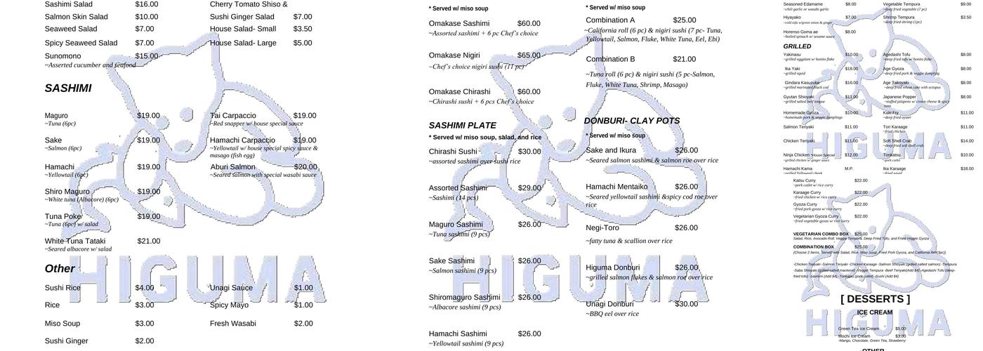 Higuma Japanese Restaurant Menu
