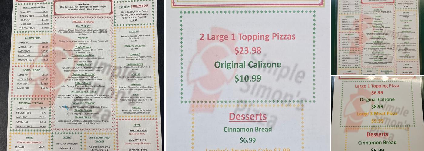 Simple Simon's Pizza Menu