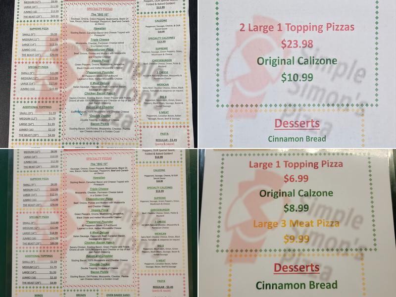 Simple Simon's Pizza Menu