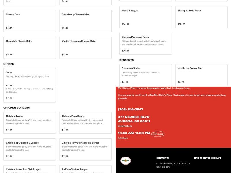 Ma Ma Olivia's Pizzeria Menu