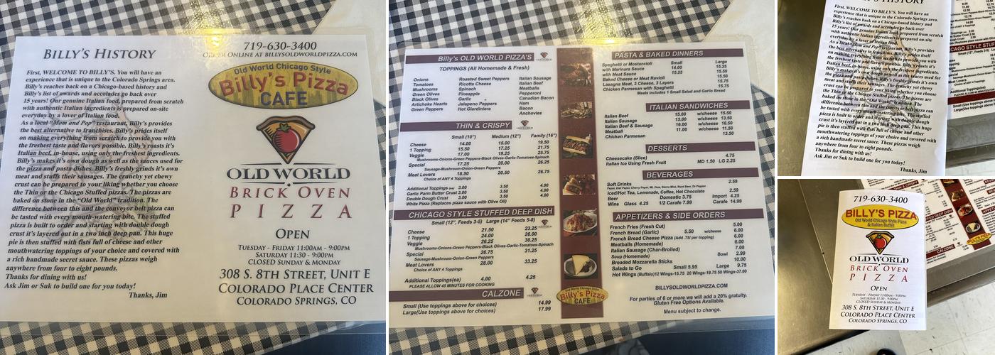 Billy's Old World Pizza Menu