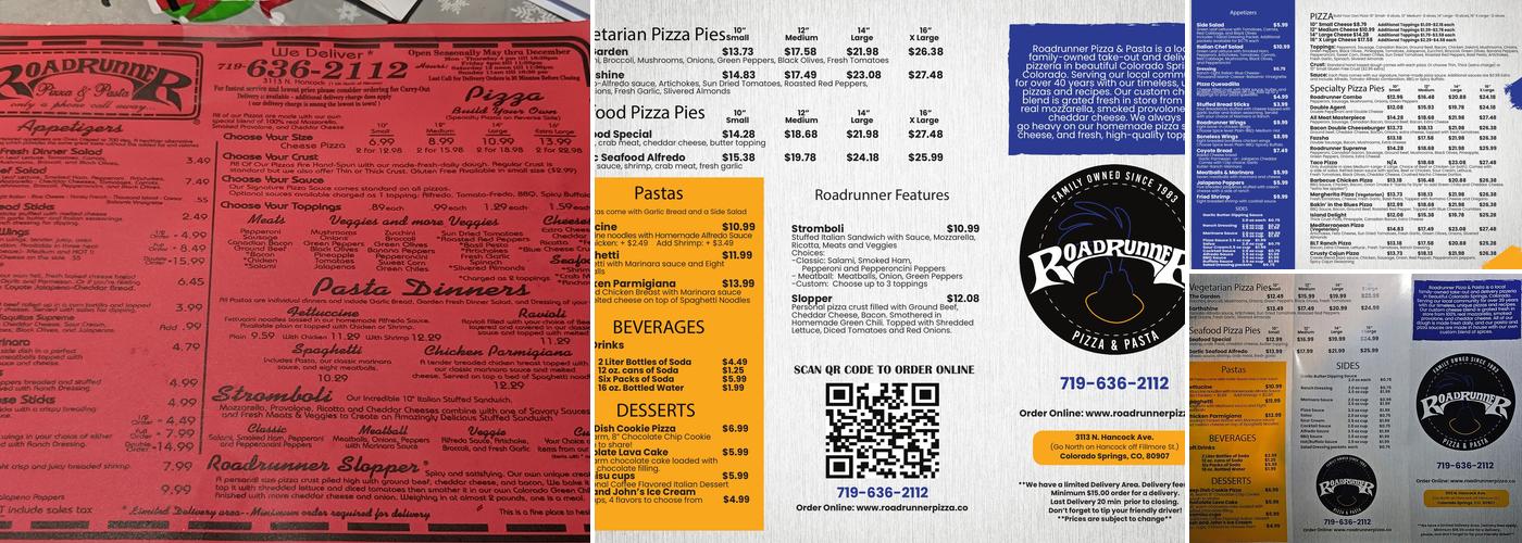 Roadrunner Pizza & Pasta Menu