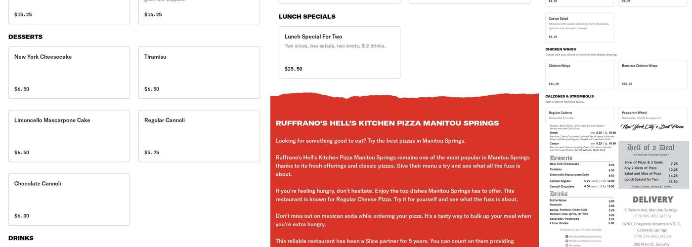 Ruffrano's Hell's Kitchen Pizza Manitou Springs Menu