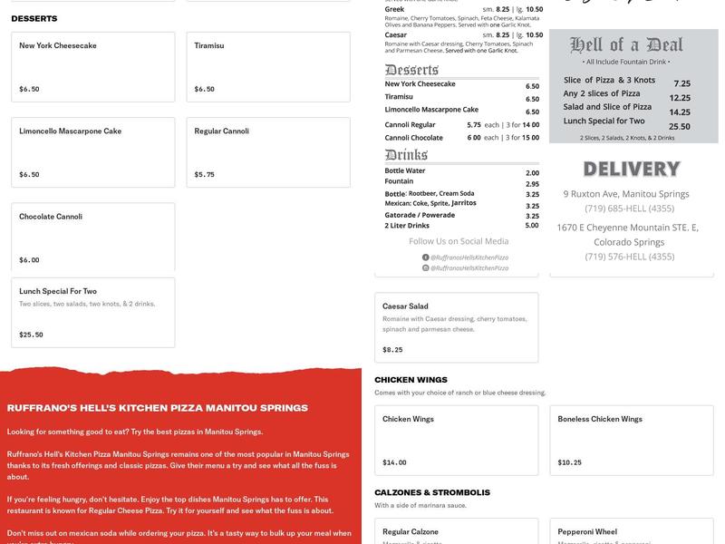 Ruffrano's Hell's Kitchen Pizza Manitou Springs Menu