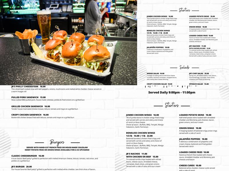 JB's Burger Kitchen + Bar Menu