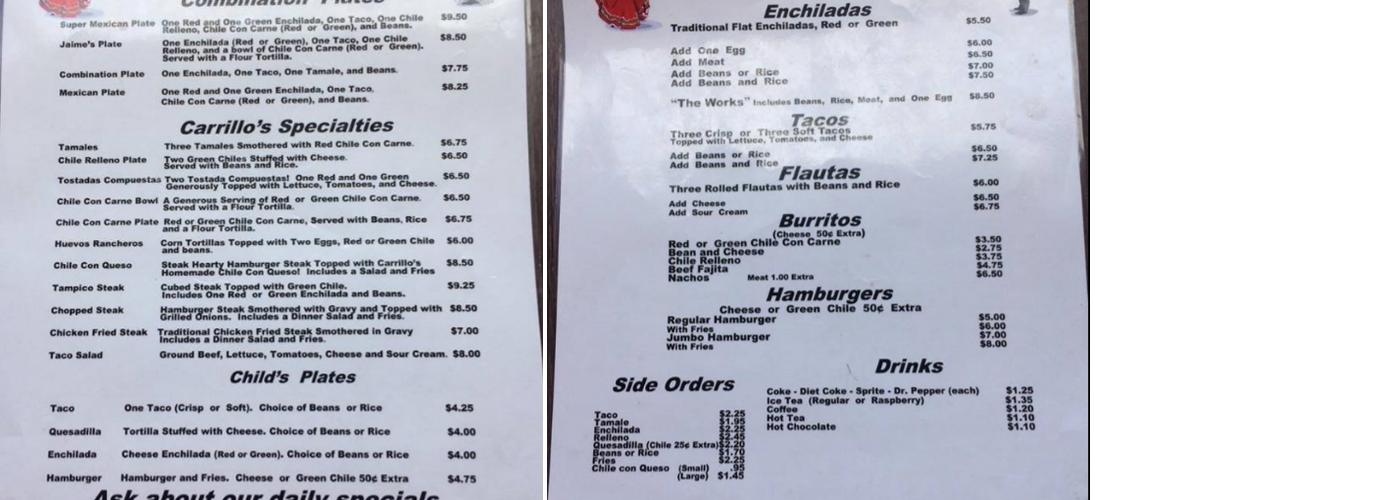 Carrillos Cafe Menu