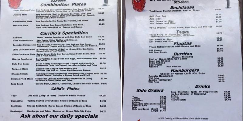Carrillos Cafe Menu