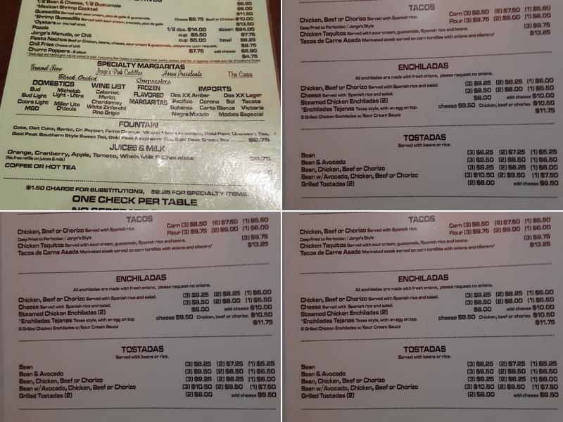 Jorge's Restaurant Menu