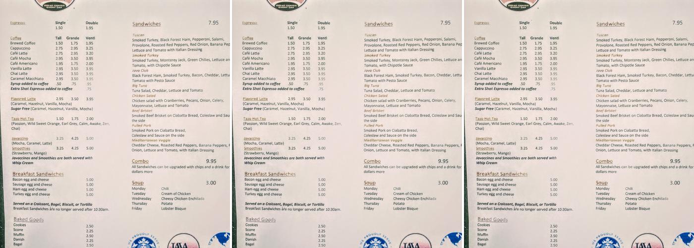 Java Cafe Menu