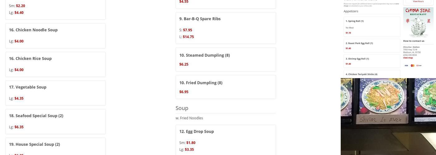 China Star Restaurant Menu