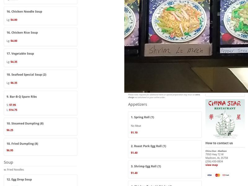 China Star Restaurant Menu