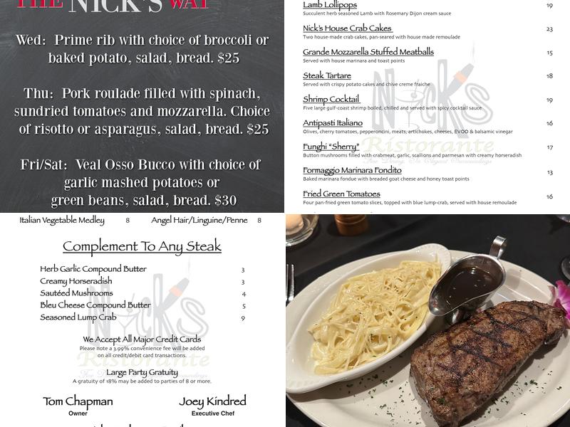 Nick's Ristorante Menu