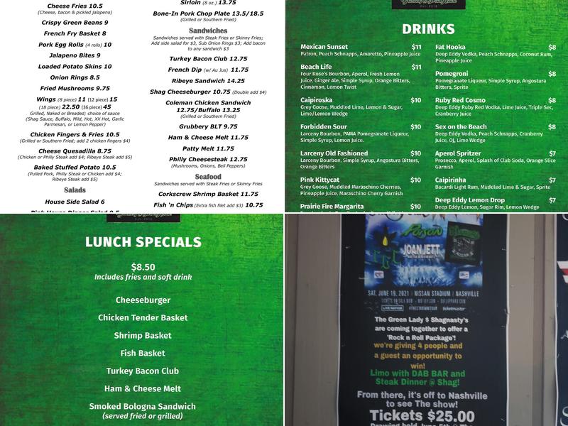 Shagnasty’s Grubbery & Pour House Menu