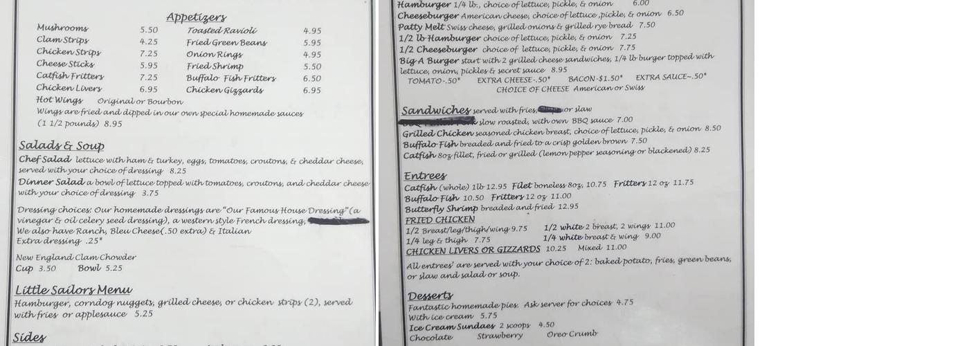 Kinder's Restaurant Menu