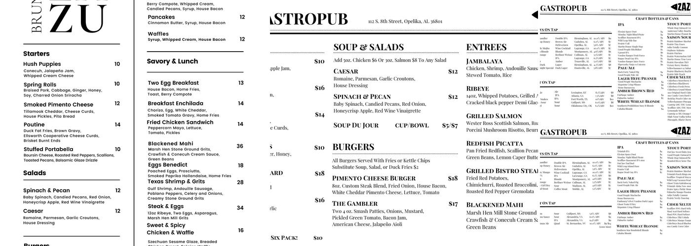 Zazu Gastropub Menu