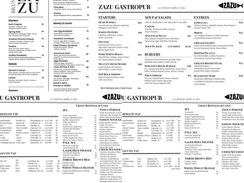 Zazu Gastropub Menu