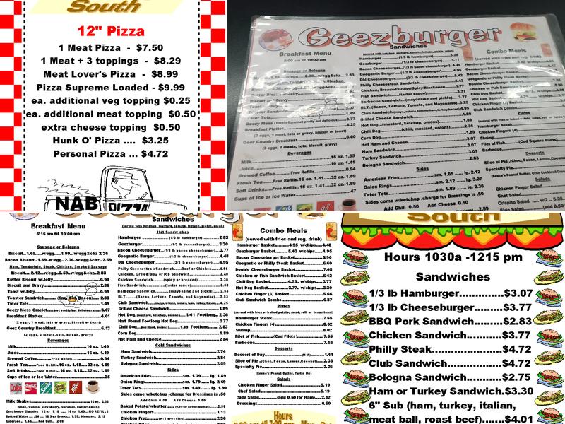 Geezburger Menu