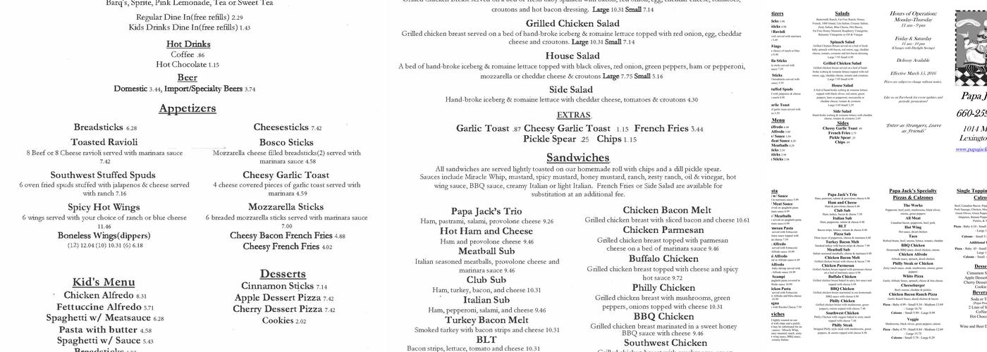 Papa Jack's Pizza Menu