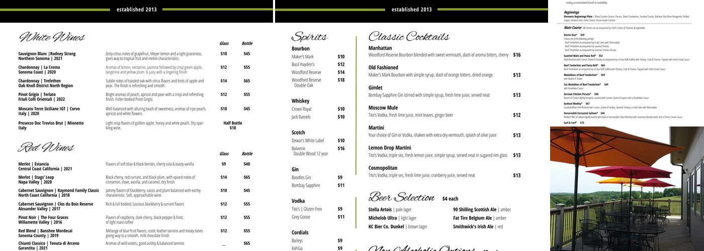 Elements Destination Restaurant Menu