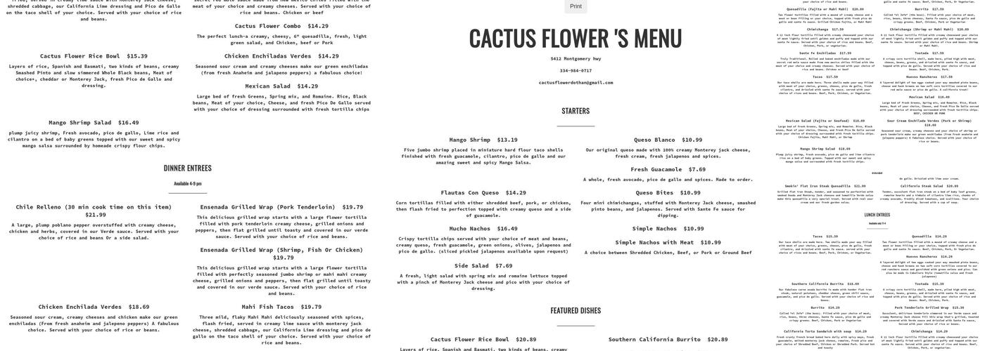 Cactus Flower Cafe Menu