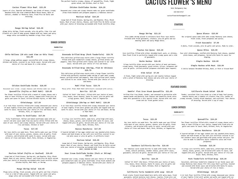 Cactus Flower Cafe Menu