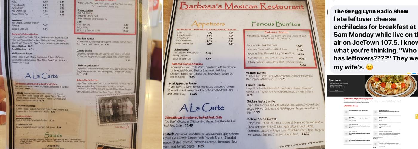 Barbosa's Menu
