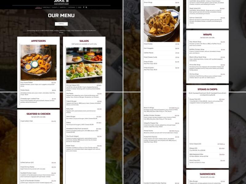 Jake's Steakhouse & Sports Bar Menu