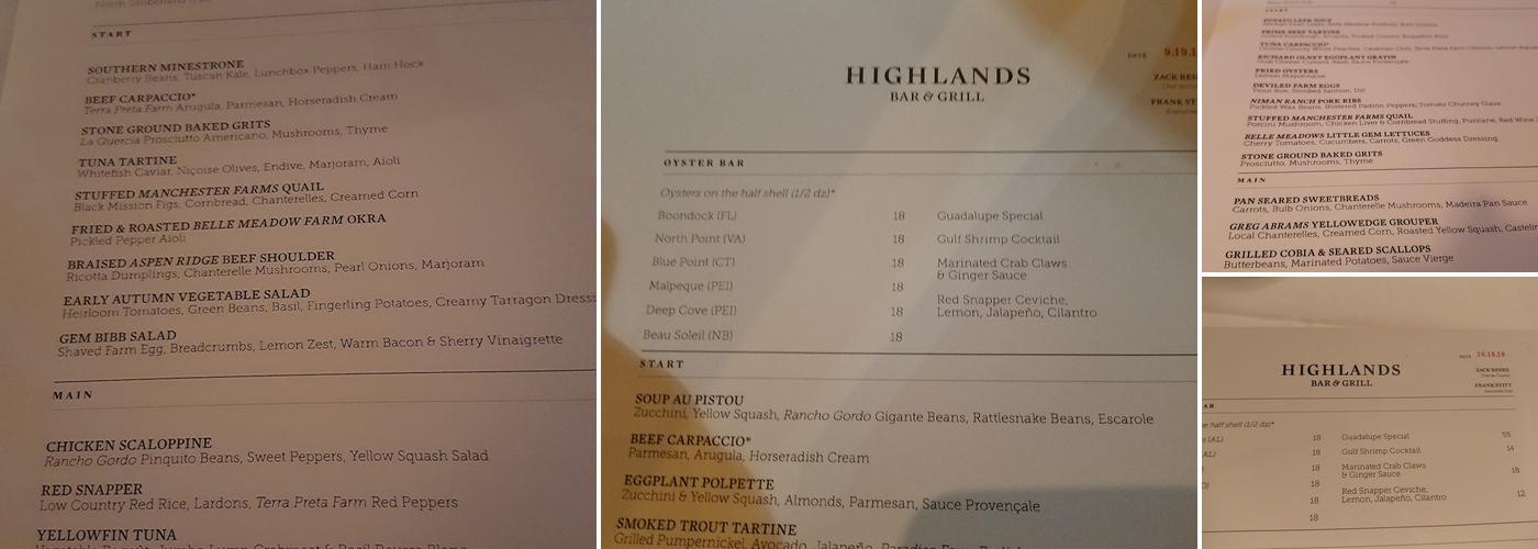 Highlands Bar & Grill Menu