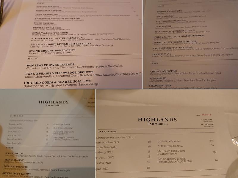 Highlands Bar & Grill Menu