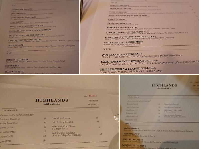 Highlands Bar & Grill Menu