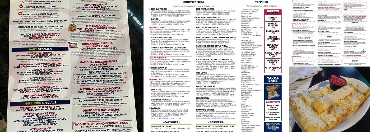 Minsky's Pizza Menu