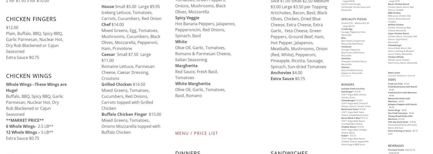 Pickaxe Pizza Menu