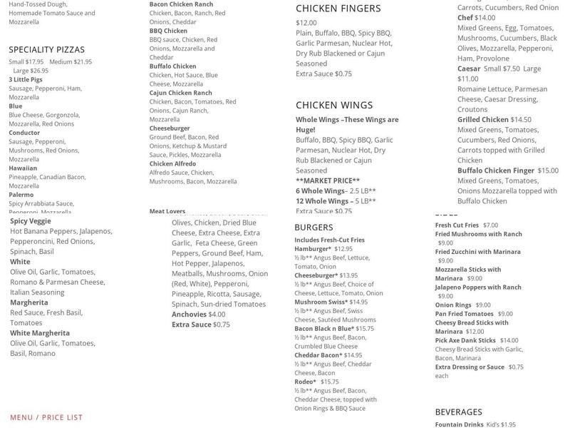 Pickaxe Pizza Menu
