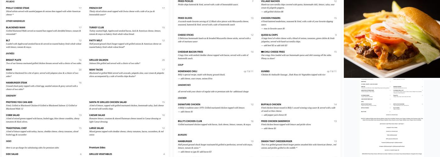 Billy's Sports Grill Menu