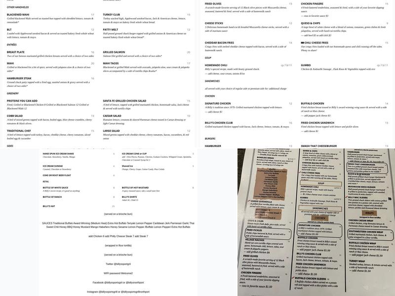 Billy's Sports Grill Menu