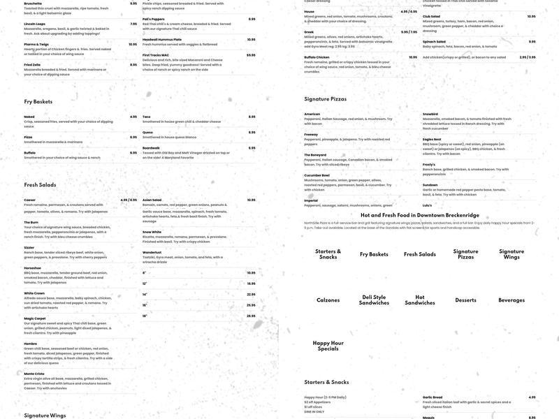 Northside Pizza Menu