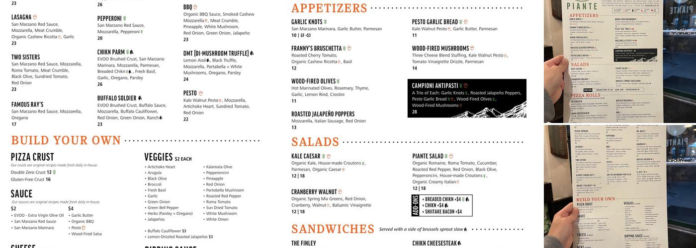 Piante Pizzeria Menu