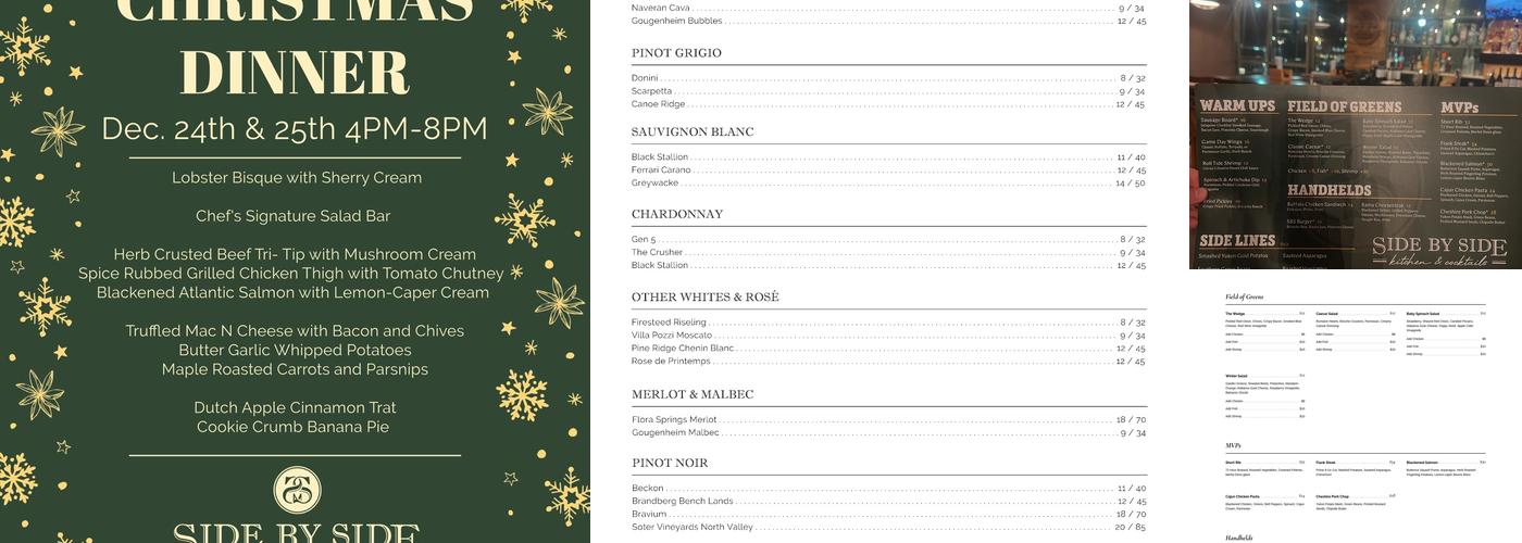 Side by Side Kitchen & Cocktails Menu