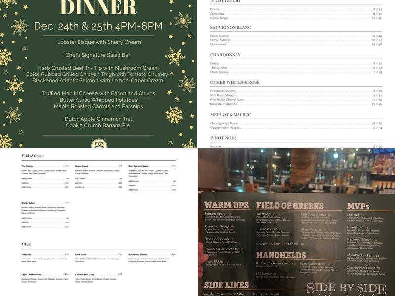 Side by Side Kitchen & Cocktails Menu