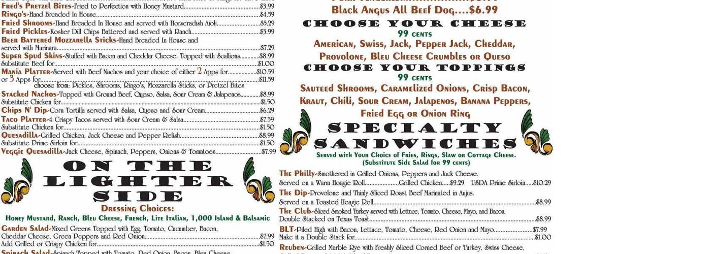 Fred P. Ott's Bar & Hamburger Business Menu