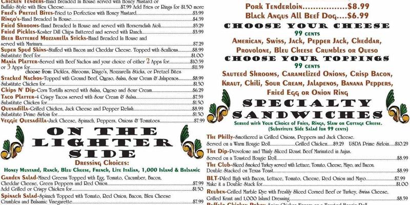 Fred P. Ott's Bar & Hamburger Business Menu