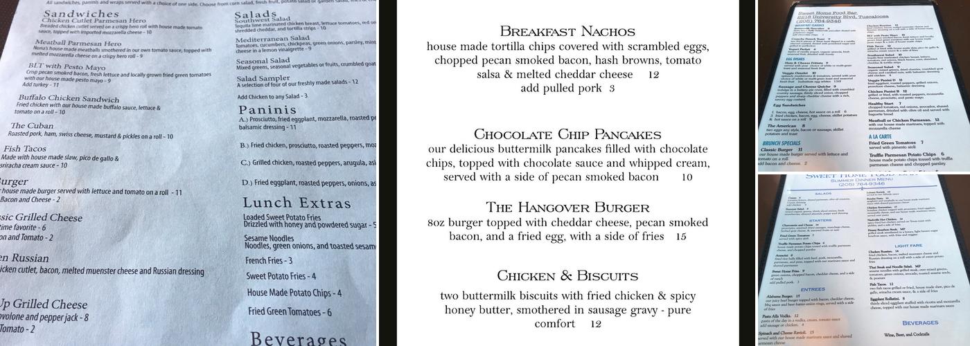 Sweet Home Food Bar Menu