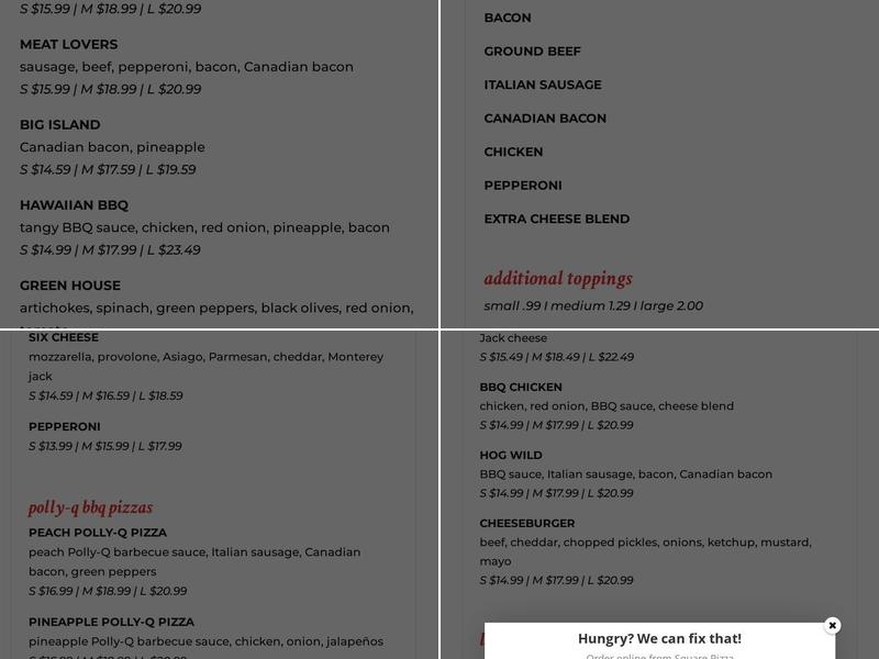 Square Pizza Menu