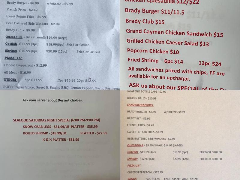 Brady Mountain Grill Menu